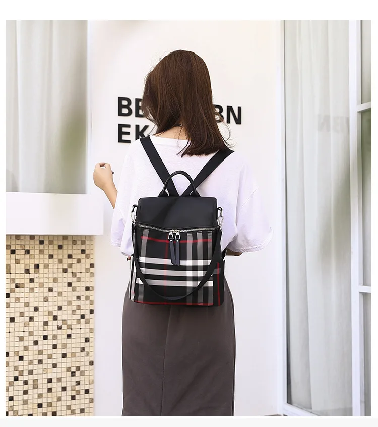 Korean New Style Waterproof Oxford Cloth Backpack WOMEN'S Bag Travel Versatile Canvas Plaid Backpack Dual Purpose School Ba