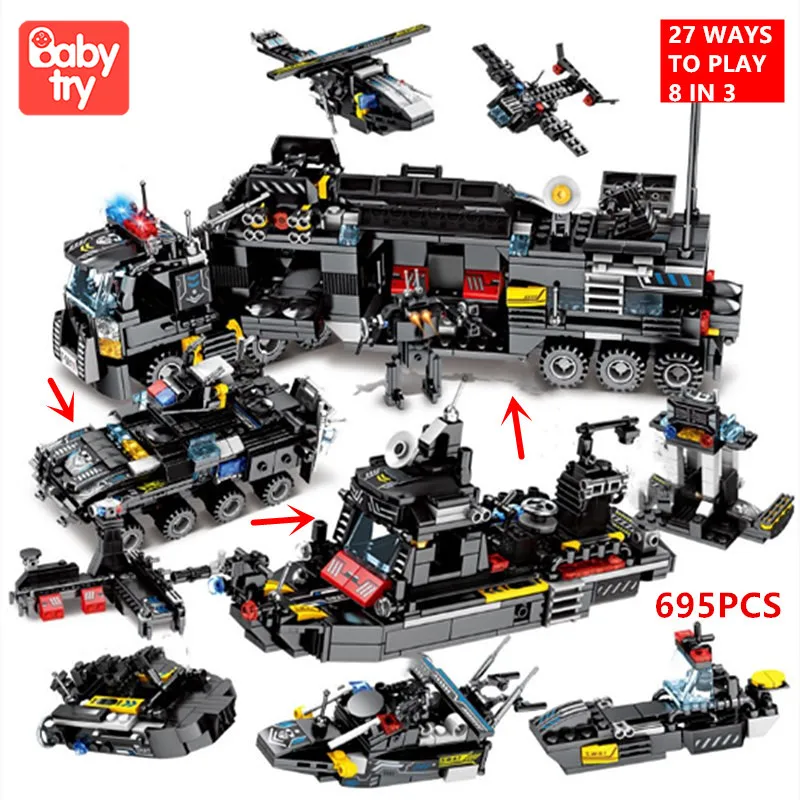 Baratos 695 Uds ciudad ladrillos policía SWAT camión barco Playmobil regalo de Navidad Juguete bloques de construcción técnica juguetes legobling para niños 8 en 3