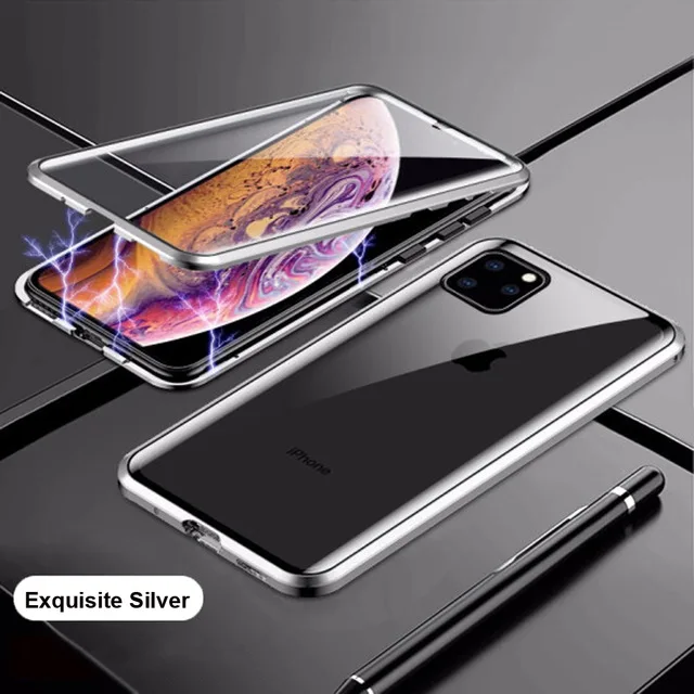 Для iphone 11 pro max чехол 360 Магнитная Адсорбция передняя+ задняя двухсторонняя закаленное стекло чехол для iphone 11 ipone 11 promax capa - Цвет: silver