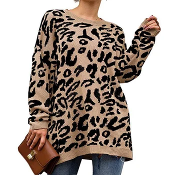

Women Leopard Knitted Sweater Winter Animal Print Winter O-Neck Thick Long Sleeve Female Pullovers Casual Tops