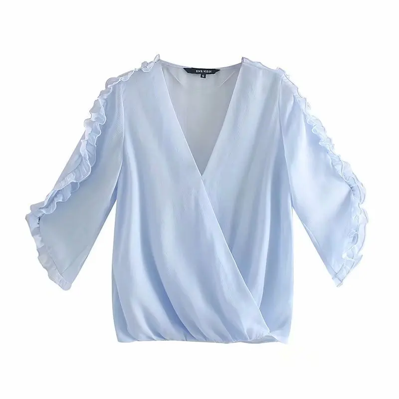 

2019 Summer Western Style Loose Blue Hedging Frilled Sense of Design Three-quarter-length Sleeve T-shirt V-neck Shirt Women's