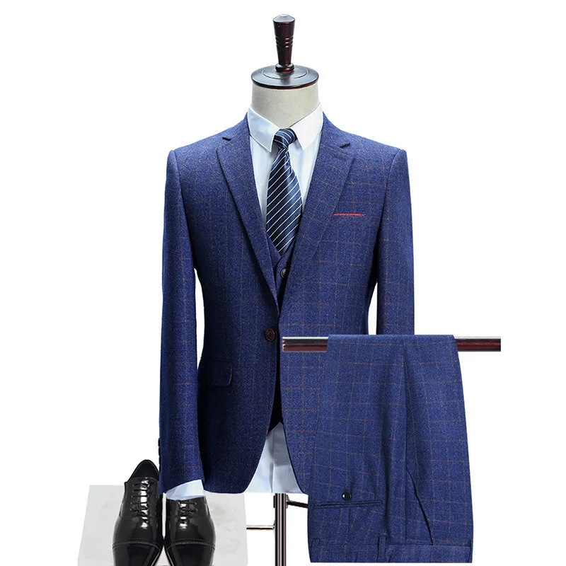 

(Jacket + Pants + Vest) Men's Blue Plaid Suit Men's Slim Wedding Groom Dress Men's Business Casual Formal Suit 3 Piece Set