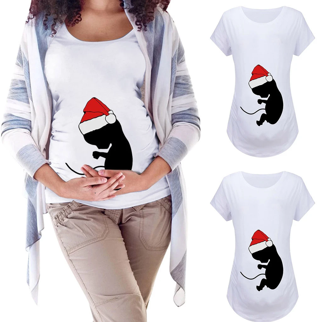 Mujer ropa de maternidad Santa Claus regalo de de manga corta estampado con letras navideñas suelta de cuello redondo Navidad camiseta|Camisetas| -