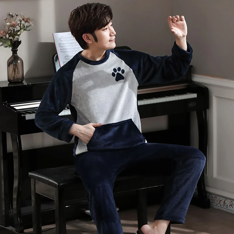 Conjunto de pijamas de gruesa y cálida para hombre, ropa de Coreana de manga