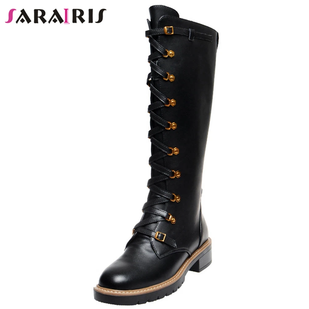 

SARAIRIS New 34-43 Luxury Brand Genuine Leather Boots Ladies lace-up mid-calf Boots Women 2020 Med Heels Date Shoes Woman