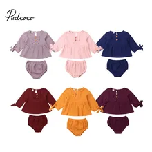 Г. Брендовая Милая Одежда для новорожденных девочек Однотонные топы с длинными рукавами, платье на пуговицах с рюшами шорты, комплекты осенней одежды