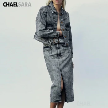 

Spring Autumn Vintage Denim 2 Piece Set Women Solid Loose Jean Jacket Coat & Midi Skirt Suits Female Casual Outfits