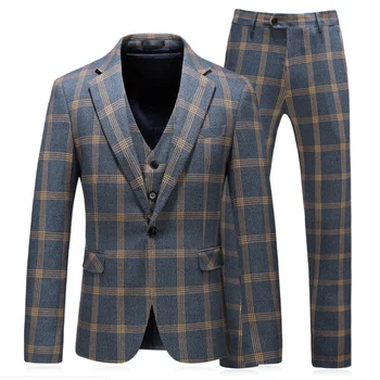 

2020 Fashion Men's Boutique Plaid Wedding Tuxedos Three Pieces Male Formal Business Groom Suits Prom Party Blazers