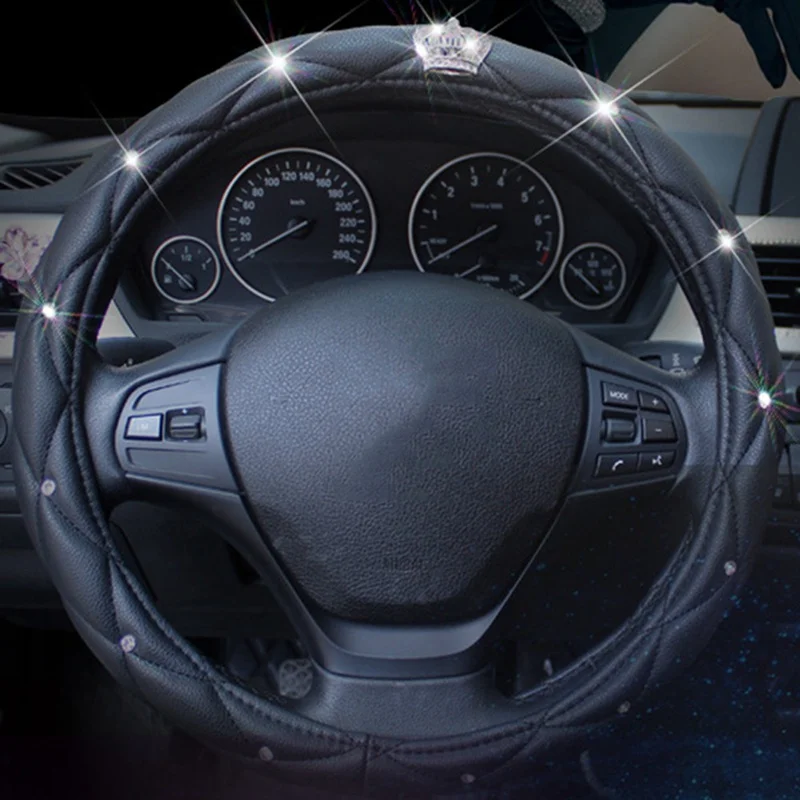Женские ПУ Кожаные чехлы рулевого колеса автомобиля алмаз Авто рулевое покрытие Чехлы для леди девушки автомобильные аксессуары