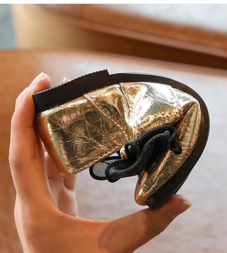 Bakkotie New Kids Autumn Girls Pu Leather Shoes Baby Fashion Lace Bowtie Mary Jane Flats Children Gold Sweet Dress Shoes
