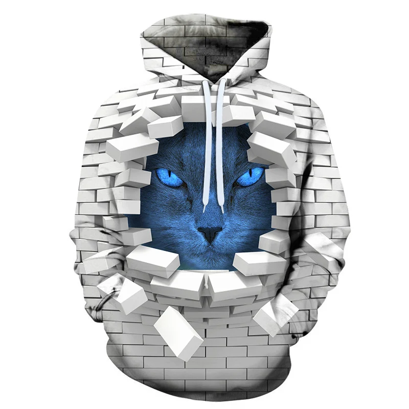 Разрушенная стена отверстие кошка 3d печати толстовки Толстовка мужчины и женщины веселое Harajuku тройник уличная хип хоп плюс Размер 6XL