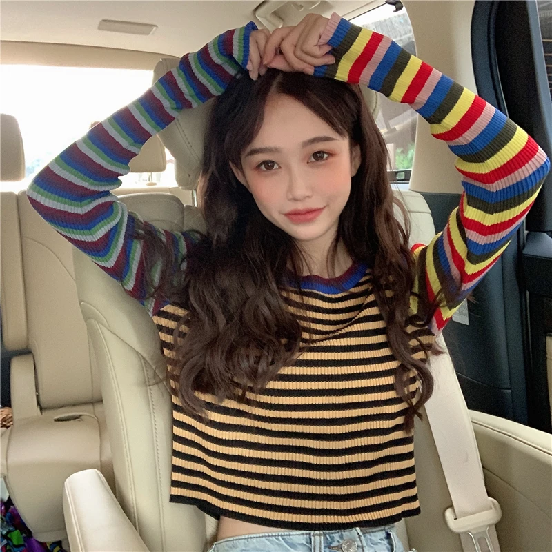 

Women's O-neck Long Sleeve Slim Knit Tops Tide Retro Set Short Striped Sweater Woman Patchwork Knitted Top GD093
