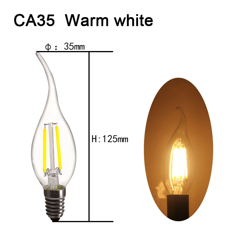 CA35 Clear E12/E26/E14/E27 Светодиодный светильник 4 Вт 6 Вт C35 Свеча лампа пламени 110 В 220 В лампа теплый белый G45 винтажная лампочка-свеча - Испускаемый цвет: CA35 Clear