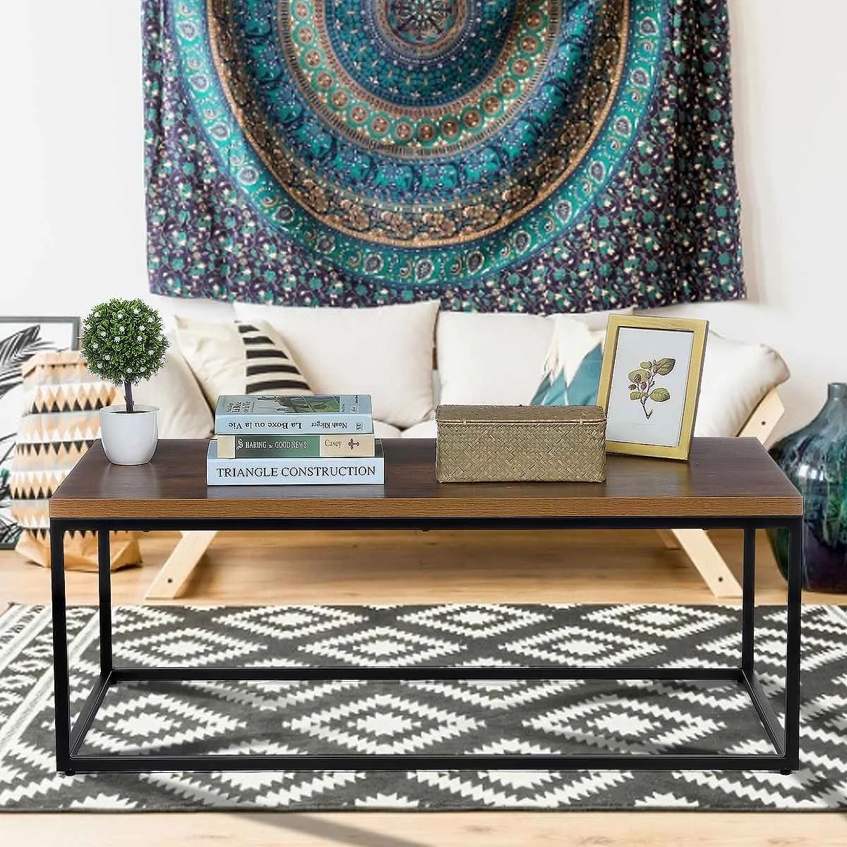 

Modern Industrial Coffee Table Wood and Metal Frame Living Room Tea Table Laptop Desk