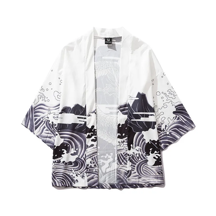 

Japanese Style Kimono Jacket Sea Wave Dragon Print 2020 Men Harajuku Streetwear Jacket Coat Casual Thin Gown Sweat Wear Japan