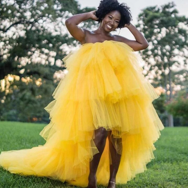 Trendy Gold Hi Low Ruffle Tulle Prom Formal Dresses Open Back Party Dress Tiered Puffy Evening Gowns 2020 Robe de soiree | Женская