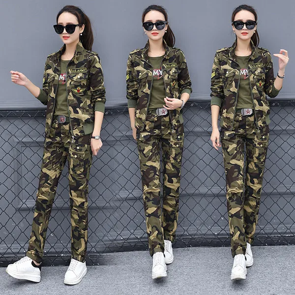 Women Camo 3pcs Set Камуфляжный спортивный костюм, женская одежда, комплект из трех предметов, Vetement Femme, камуфляжная куртка+ футболка+ штаны, комплект, уличная одежда для женщин - Цвет: Women Camo 3pcs Set