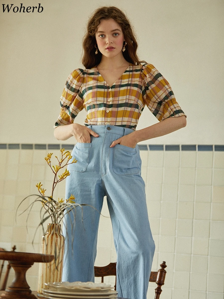 

Woherb Lantern Short Bubble Sleeve Shirt Women V Collar Plaid Top Summer