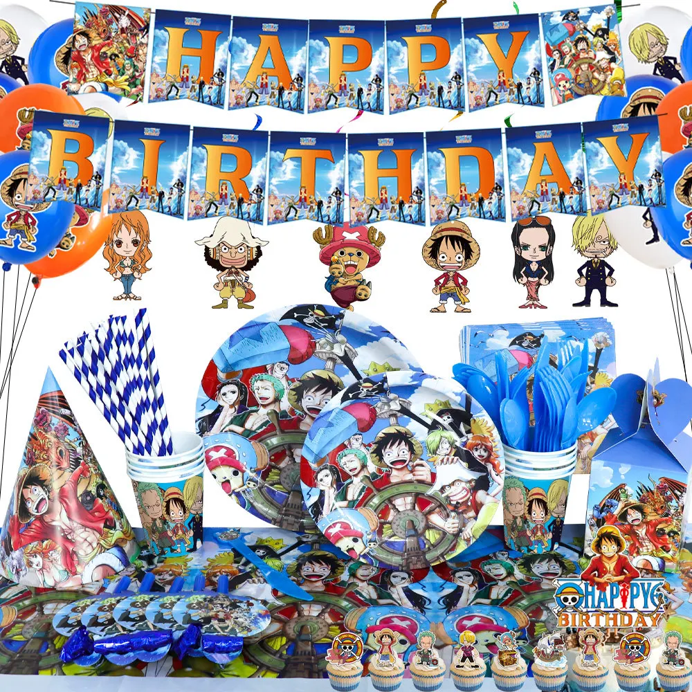 One Piece Birthday Party Supplies, 117pcs One Piece Party Decorations &  Tableware Set - One Piece Banner Balloons Hanging Swirls Cake Topper Plates