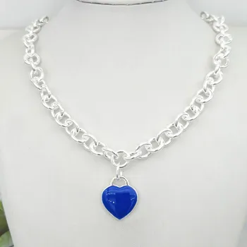 

1: 1 sterling silver 925 classic dark blue enamel heart-shaped card charm ladies necklace jewelry holiday gift