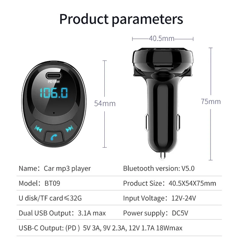 Автомобильный комплект JaJaBor Bluetooth 5,0, беспроводной fm-передатчик, громкая связь, воспроизведение музыки, двойной USB, автомобильное зарядное устройство, PD 18 Вт, быстрая зарядка