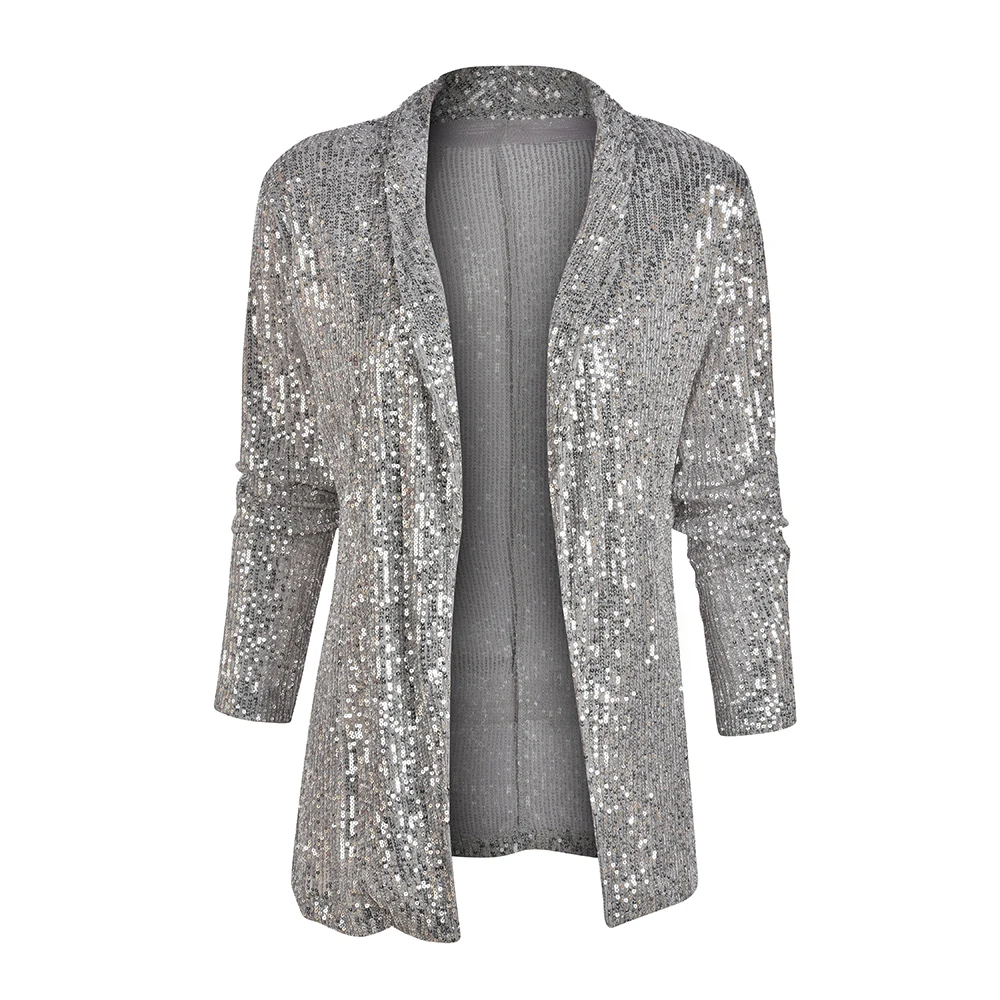 Women Sequin Blazers and Jackets Work Office Lady Suit Slim Sliver Shiny Female Blazer Glitter Sexy Long Sleeve D30 | Женская одежда