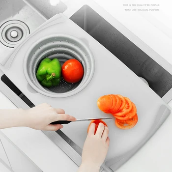 

Flexible Kitchen Table Cutting Board Silicone Folding Drain Basket Cooking Storage Kitchen Stuff Collapsible Colander Set