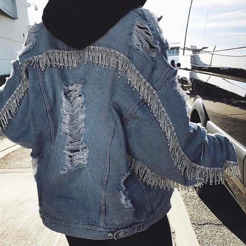 Most effective  Women Gems Beadings Tassel Short Basic Denim Jacket 2019 Autumn Winter Long Sleeve Ripped Hole Over