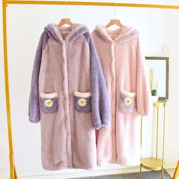 

Voplidia Women Pajamas Flannel Sleepwear Cute Flower Print Female Girl Pyjamas Robes Nightdress Fashion Home Clothes Dress