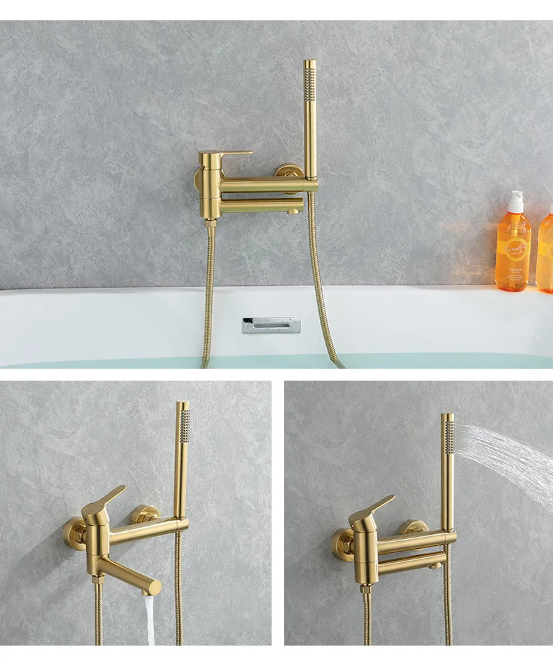 Wall Mounted Brass Bathtub Set Brush Gold Black Foldable Round Tap