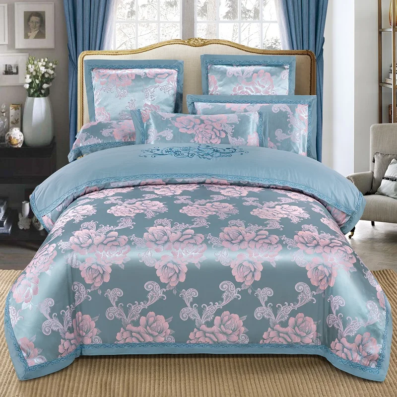 KELUO Luxury Wedding jacquard mulberry silk bedding 100%cotton Embroideredincluding duvet cover bed sheet pillowcase Bluea A1 - Цвет: Such as pictures