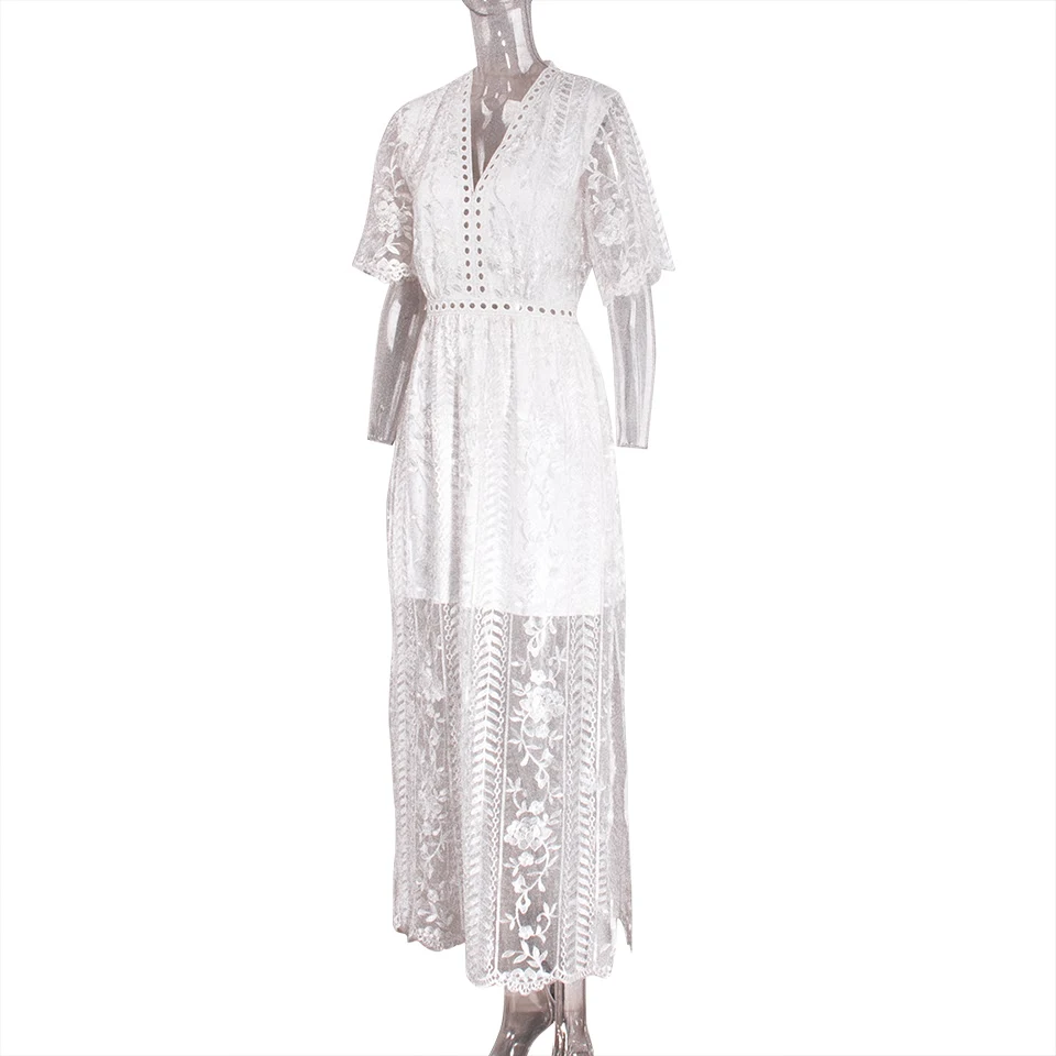 Hollow Out White Dress Sexy Women Chiffon Dress Criss Cross Semi-Sheer Plunge V-Neck Lace Dress
