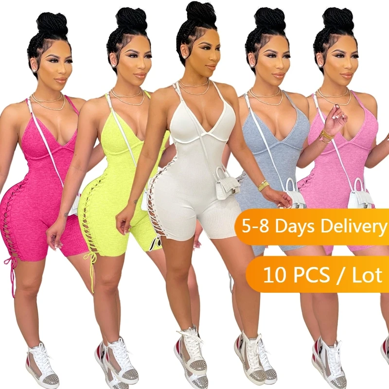 

Bulk Items Wholesale Lots Backless Ribbed Summer Playsuit Women Lace Up Bodycon Jumpsuits for Women Sexy Bandage White Jumpsuit