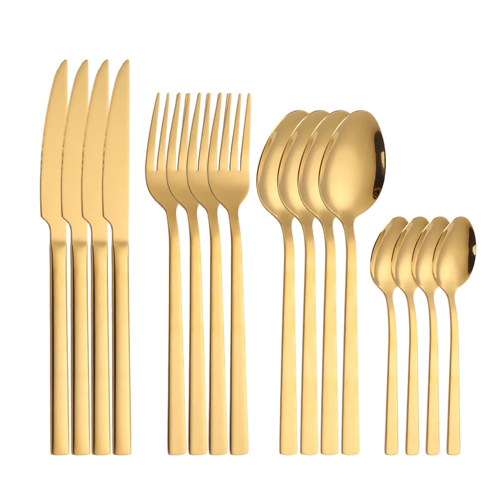 Gold Dinnerware Set Stainless Steel Cutlery Tableware Knife Fork Coffee Spoon Flatware Dishwasher Safe 16 Pc Upscale | Дом и сад