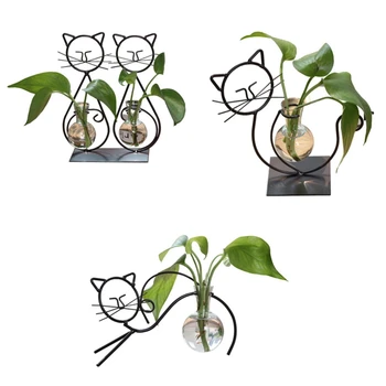 

OOTDTY Cat Glass Planter Vase Holder, Plant Terrarium, Propagation Station, Metal Stand for Hydroponics Plants Home Garden Wedd
