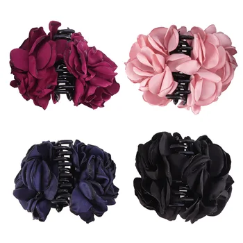 

4pcs Large Hair Clips Fabrics Rose Flower Bow Jaw Clip Barrette Hair Claws for Women Lady (Wine Red + Black + Navy + Pink)