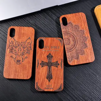 

Wooden Carved Case For iPhone 11 Pro Max 7 8 6 6S Plus X XR XS Max 100% Natural Wood Cover Flower Bible Pattern Capa Fundas