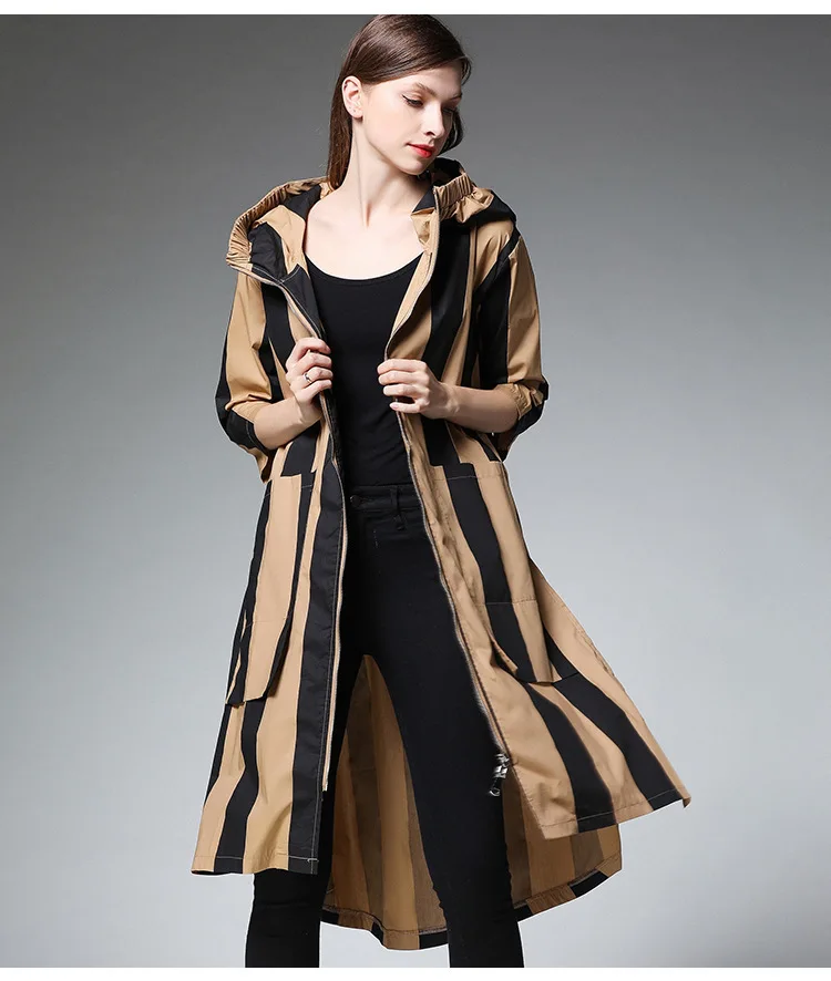 TVVOVVIN Loose Fit Pleated Striped Pockets Jacket New Hooded Collar Long Sleeve Women Coat Fashion Tide Autumn Winter C693
