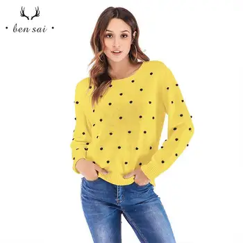 

Women Fashion Knitted Sweaters Female Four-color O-neck Ball Knit Pullovers Ladies Casual Joker Beading Sweater Spring New
