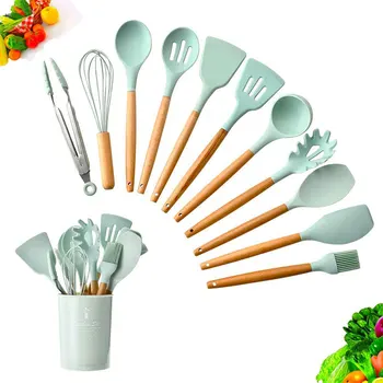 

11 -Piece Set Silicone Kitchenware Cooking Utensils Set Non-stick Cooking Wooden Handle Cooking Tools Set With Storage Box Tool