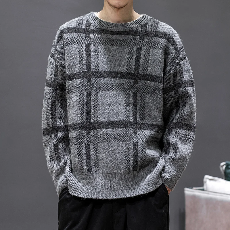 Мужской свитер осень и зима клетчатый свитер круглый вырез пуловер свитер Молодежная индивидуальность модная мужская одежда - Цвет: black