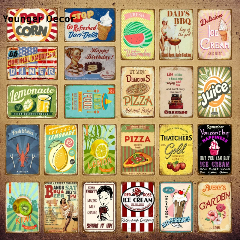American Diner Metal Signs Route 66 Lemon Thatchers Lemonade Lobsters Cakes Vintage Decor Plaque Wall Stickers Poster YI-103