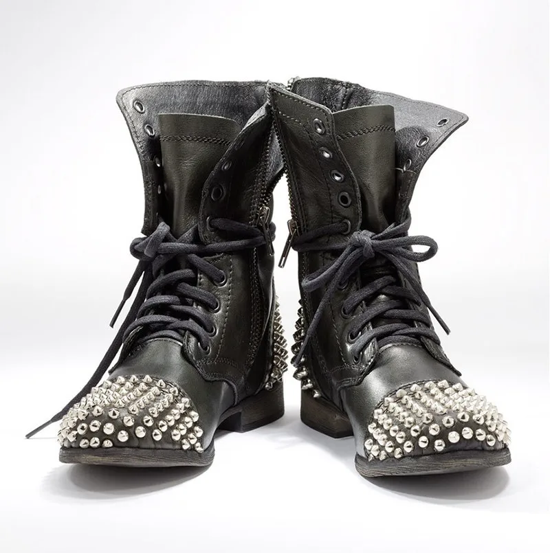 

2019 Fashion Rivet Chunky Heels Short Boots Gladiator Punk Lace Up Ankle Booties Female Cross-tied Winter Woman Boots Black