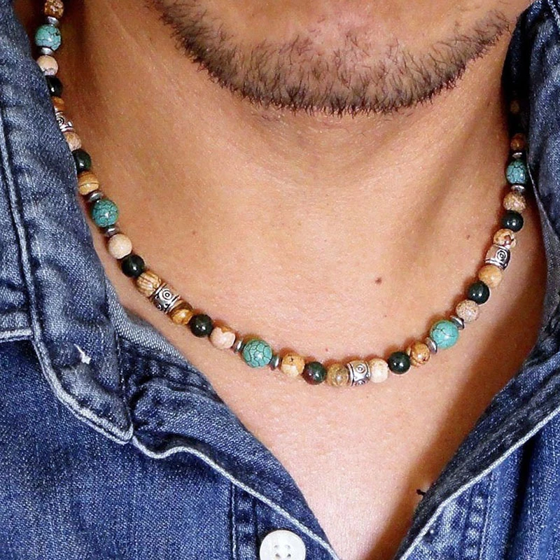 Collar para hombre, hecho a mano con magnesita ónix negro y cuentas de piedras preciosas turquesa, collar|Collares tipo - AliExpress
