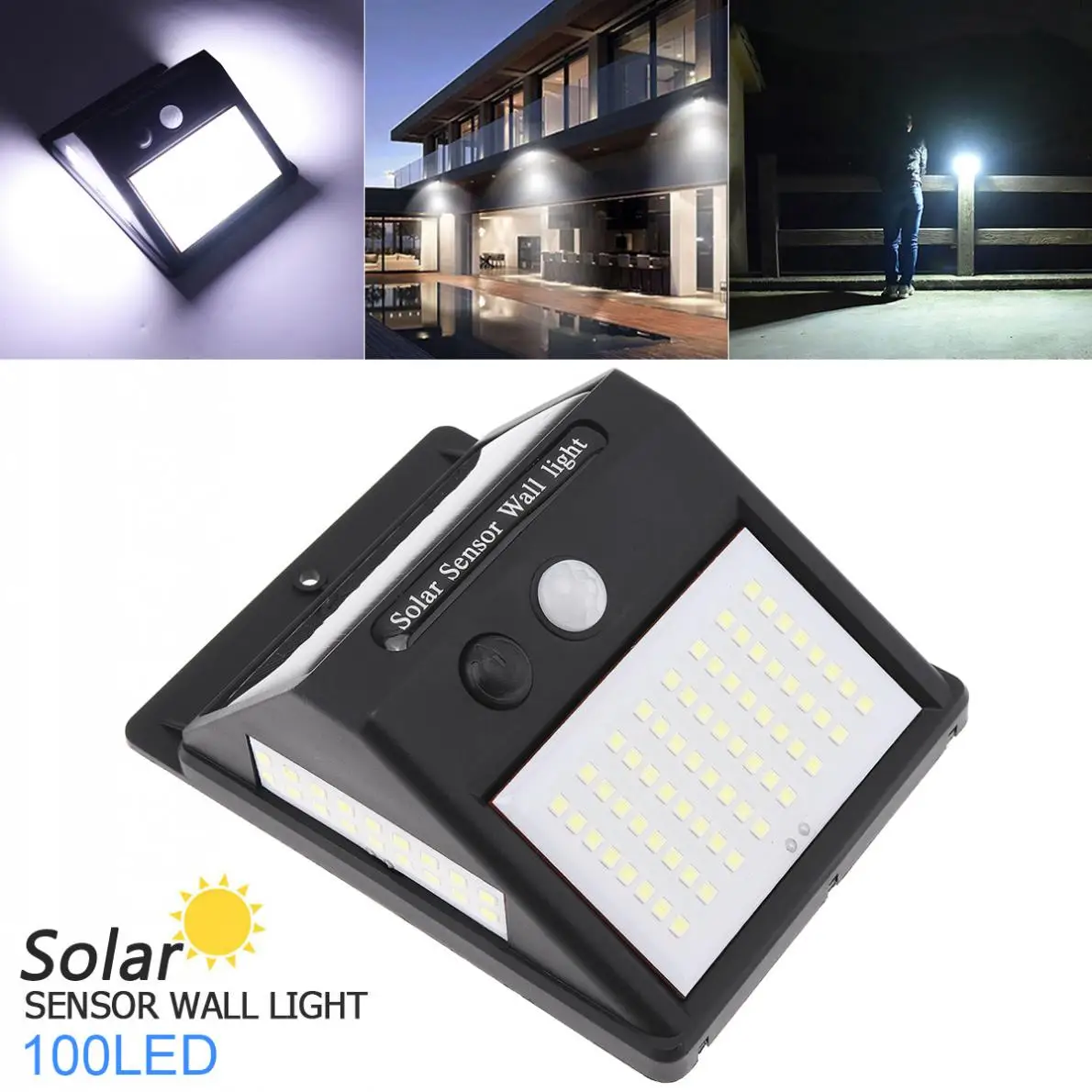 

100LED Solar Light Outdoor Solar Lamp PIR Motion Sensor + CDS Night Sensor Waterproof Solar Wall Lamp for Outdoor Yard Garden