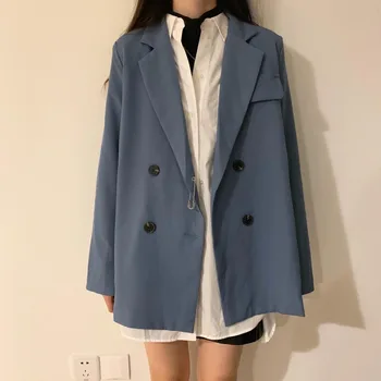 

2020 Blue Blazer Women Fashion Double Breasted Plus Size Blazer Korean Elegant Casual Jacket Streetwear