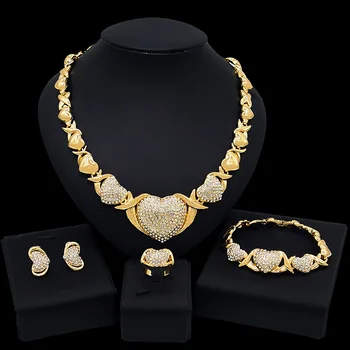 

Yulaili New Jewelry Sets Fashion Gold Color Trendy Crystal Heart Shape XO Necklace Bracelet Earrings Ring Women Fine Jewellery