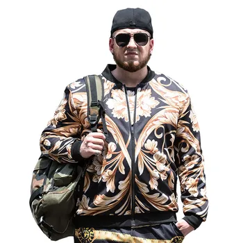

Plus size men's clothing autumn and winter fat men's flying jacket stand-collar gold print jacket