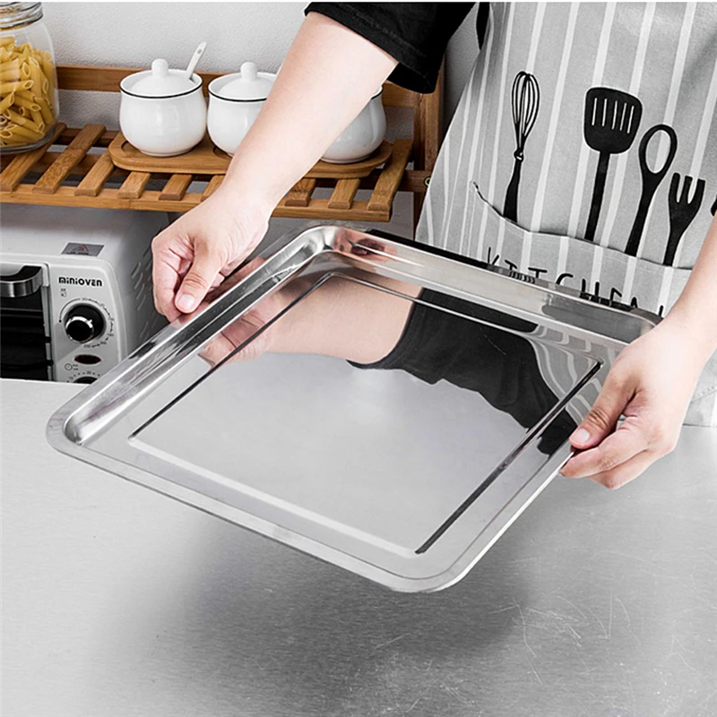 Square Stainless Steel Food Fruit Storage Tray Cake Barbecue Pastry Steamed Sausage Shallow Pans Plate Dish Kitchen Accessories 4