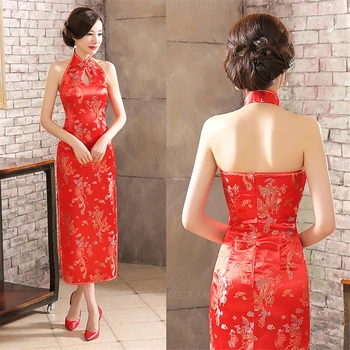 

Chinese Style Satin Dress for Women Embroidery New Year Cheongsam Wedding Evening Party Sleeveless Liziqi Vintage Qipao